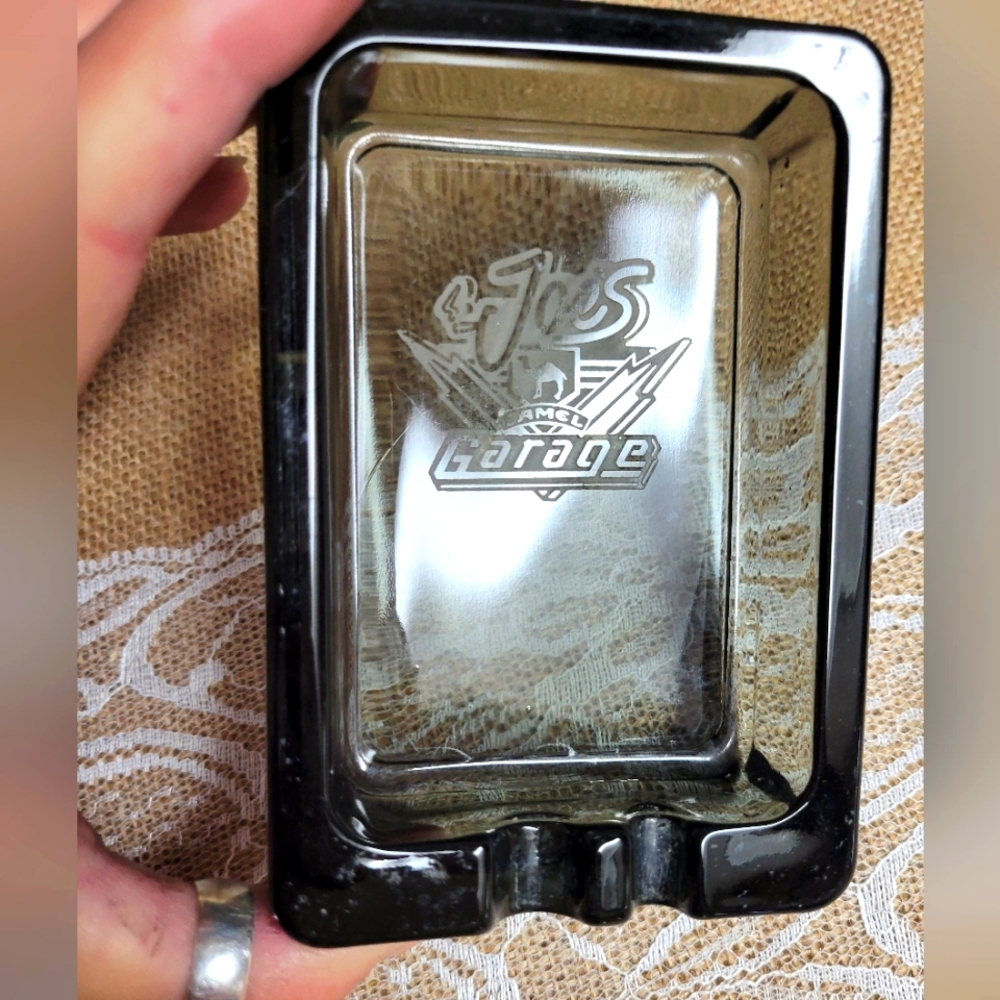 Vintage smokey grey glass camel cigarette Joe's Garage ashtray